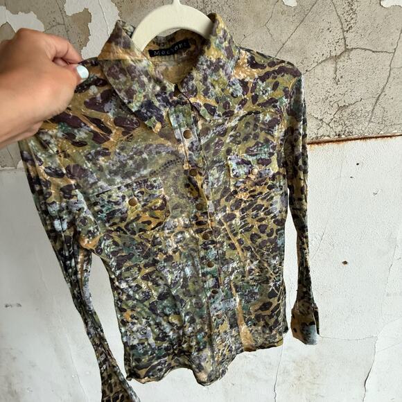 Y2K Leopard Print Button Down Shirt Rhinestone Peace Sign Semi Sheer Top Women S - Picture 7 of 7